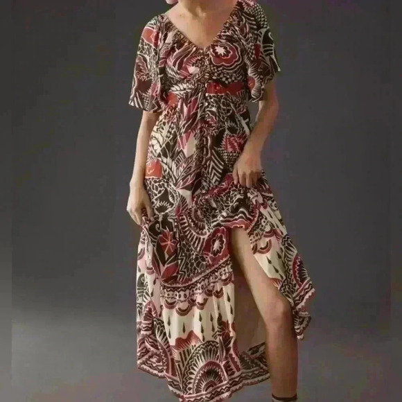 Anthropologie Maxi Tiered Dress Small Brown Orange Bohemian Cutout Boho $180 - Picture 2 of 9